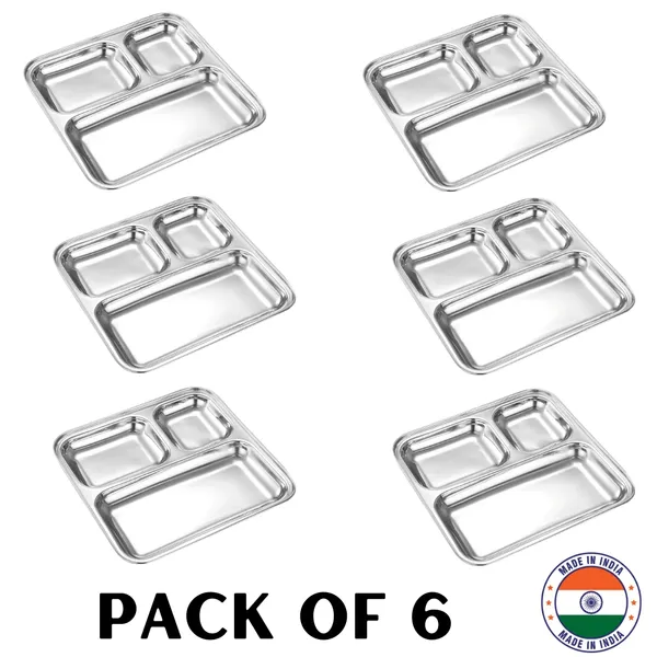 Heavy_Duty_Stainless_Steel_Square_Small_Dinner_Plate_with_3_Sections_Divided_Mess_Trays_for_Kids_Lunch,_Pav_Bhaji_Plate,_Camping,_Events_&_Every_Day_Use_Partition_Plate_Kitchenware_(Set_of_6)