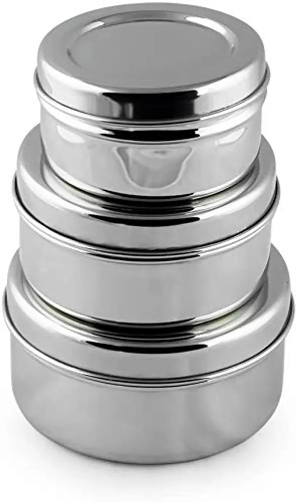 Puri_Dabba_|_Flat_Canisters_Set_of_3,_Size_No.6_Dia-9cm;_No.7_Dia-11_cm;_No.8_Dia-12.5cm,_Stainless_Steel,_Silver