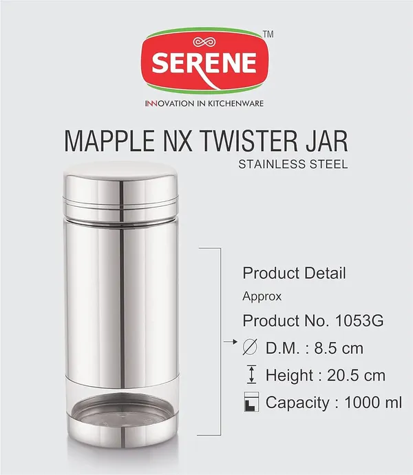Serene_Transparent_/_See_Through_Container_Jar_Steel_Kitchen_Canister_Airtight_Food_Storage_Jars_With_Lid_Cereal_Container_Organizer_Set_Of_1,_1000_ml,_Stainless_Steel