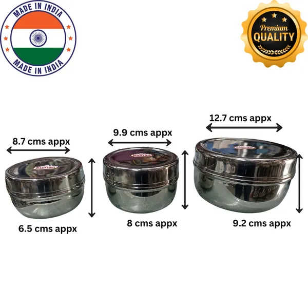 Simran_Stainless_Steel_Apple_Puri_Dabba_/_Storage_Container/_Flat_Canisters,_Set_of_3_(8.7cms,_9.9cms,_12.7cms_appx)