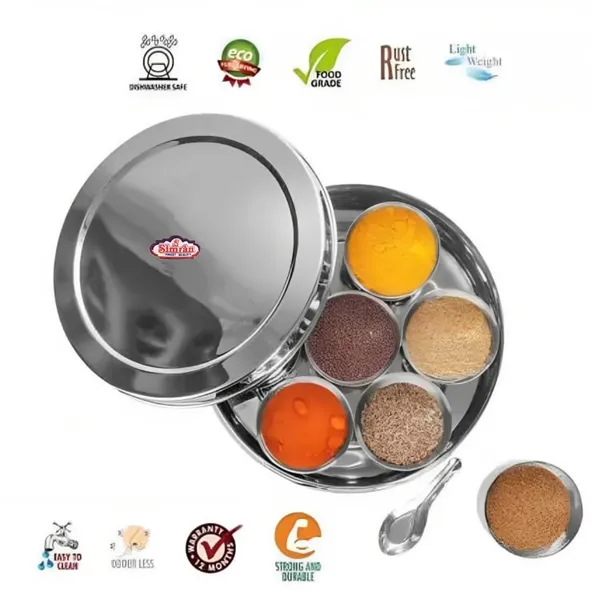 Satguru Kitchen Simran Stainless Steel Masala Dabba Spice Box with Plain Lid 7 Containers and 1 Small Spoon Big Price in India Buy Satguru Kitchen Simran Stainless Steel Masala Dabba Spice Box with