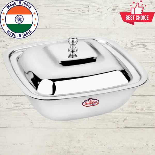 Simran_Stainless_Steel_Square_Serving_Bowl/Curry_Bowl/Gravy_Pot_with_lid,_Dia._18.8cm,_Big,_Silver