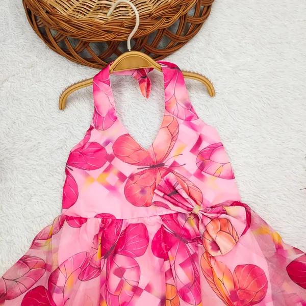 Pink_Butterfly_Print_Western_Knee-Length_Frock_for_Girls