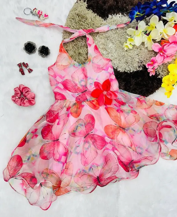 Pink_Butterfly_Print_Western_Knee-Length_Frock_for_Girls