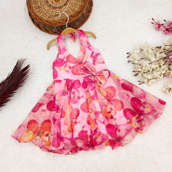 Pink_Butterfly_Print_Western_Knee-Length_Frock_for_Girls