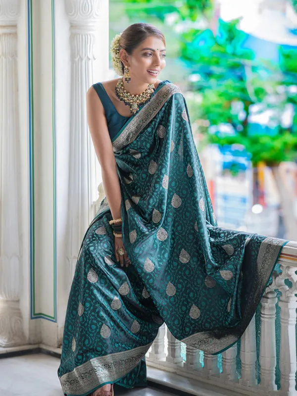 Teal_Blue_Banarasi_Silk_Traditional_Wear_Saree
