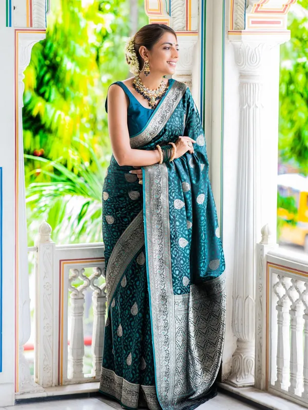 Teal_Blue_Banarasi_Silk_Traditional_Wear_Saree