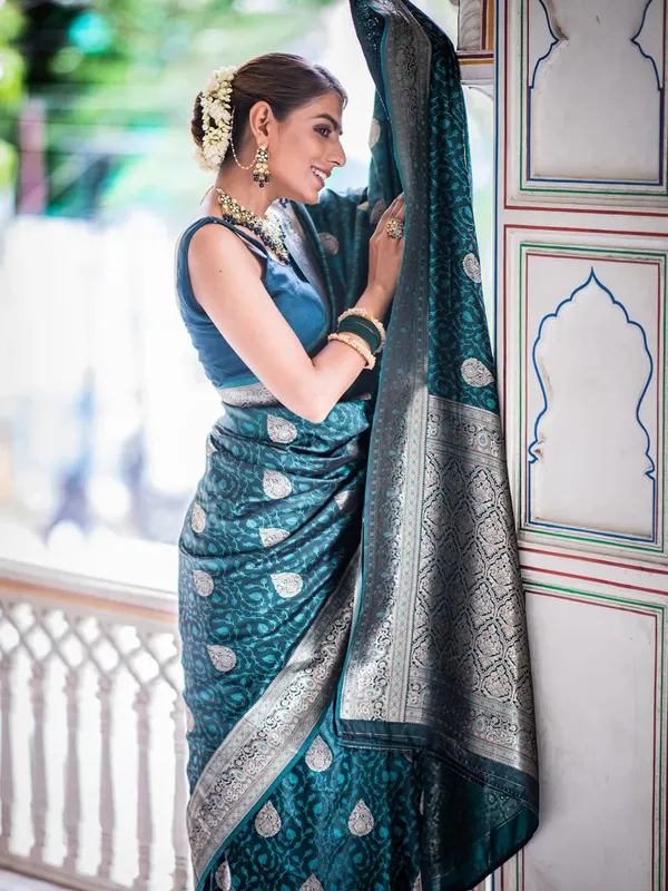 Teal_Blue_Banarasi_Silk_Traditional_Wear_Saree