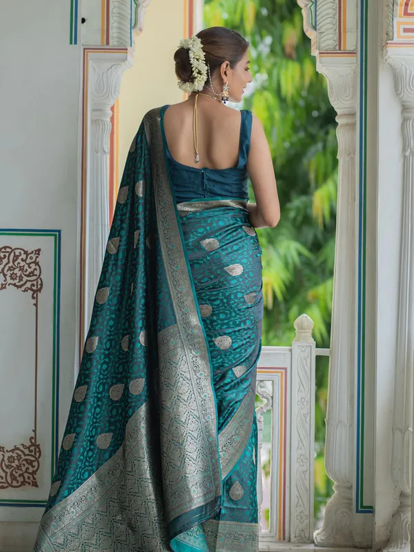 Teal_Blue_Banarasi_Silk_Traditional_Wear_Saree
