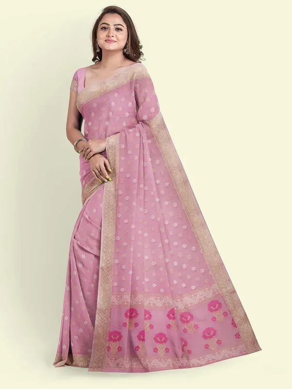 Pink_Cotton_Blend_Banarasi_Sarees_For_Women