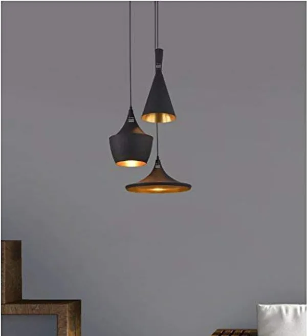 3_Lamp_Cluster_Hanging,_Pendent_Light,_Tulip_Cone_Disc_Shape,_(Black_Texture),_Big