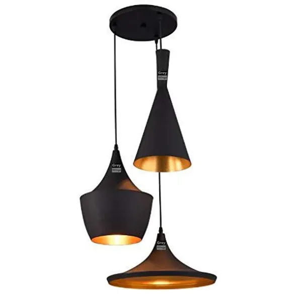 3_Lamp_Cluster_Hanging,_Pendent_Light,_Tulip_Cone_Disc_Shape,_(Black_Texture),_Big