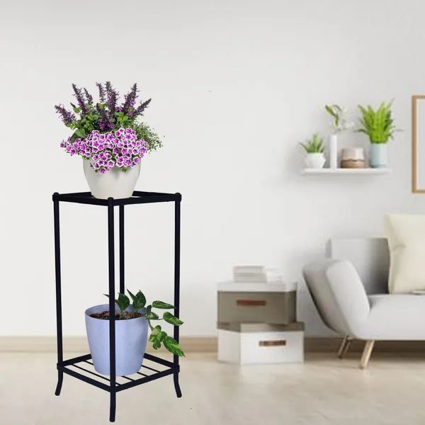 2-Tiered_Shelf_Floor_Mount_Indoor_Outdoor_Multi-Purpose_Flower_Plant_Pot_Display_Tray_Shelf_Stand_-_Black_(DVWDS-04B)