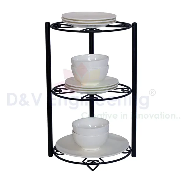 3_Tier_Kitchen_Countertop_Organizer/Plate_Stand/Utensil_Rack_For_Kitchen-_Black_(Metal),_Tiered_Shelf_(DVKS-11B)