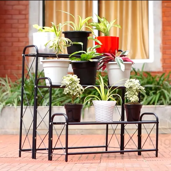 Indoor/Outdoor_3_Tier,_9_Planter_Floor_Standing_Or_Tabletop_Stand/Flowerpot_Stand_For_Home/Garden_Decor,_82Cm_Height_-_Black,_Step_Shelf_(DVPOT-11B)