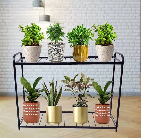 2-Tier_Indoor_Outdoor_Multipurpose_Plant_Stand_Rack,_Flower_Pot_Display_Shelf,_32.25"_Wide,_26.8"_Height_-_Black_(DVPOT-31B-2T)