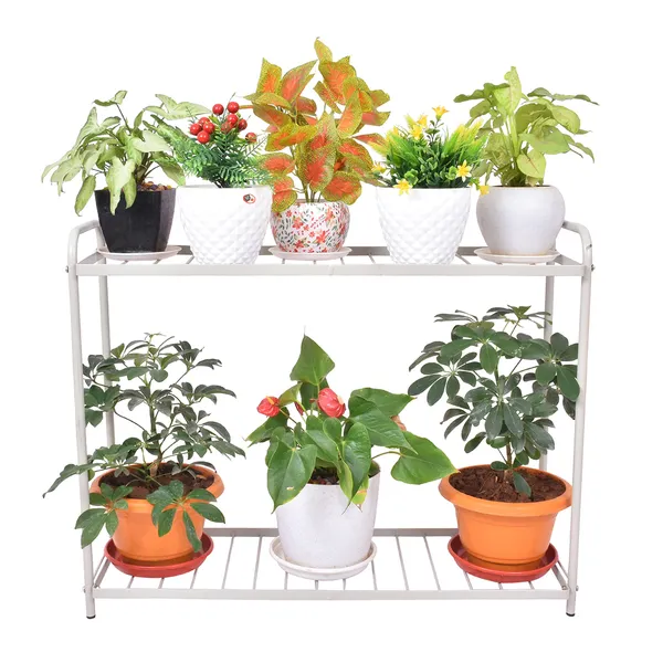 2-Tier_Indoor_Outdoor_Multipurpose_Plant_Stand_Rack,_Flower_Pot_Display_Shelf,_32.25"_Wide,_26.8"_Height_-_Grey_(DVPOT-31-W-2T)