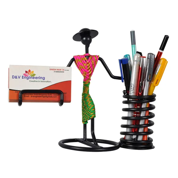 Hand_type_Pen/Pencil_and_Visiting_Card_Holder_with_Indian_Pink/Green_Dressed_Lady_(DVPS-03PG)