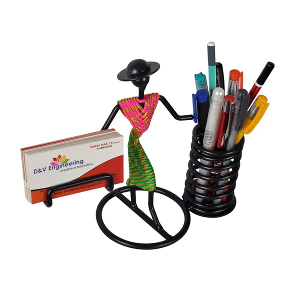 Hand_type_Pen/Pencil_and_Visiting_Card_Holder_with_Indian_Pink/Green_Dressed_Lady_(DVPS-03PG)