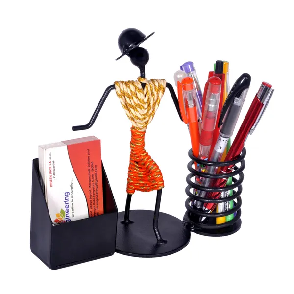 Pen_stand,pencil_stand,pen_-pencil_holder,visiting_card_stand,visiting_card_holder,business_card_holder_for_office_table,table_top_visiting_card_stand,desk_organizer_for_office_(white-orange)