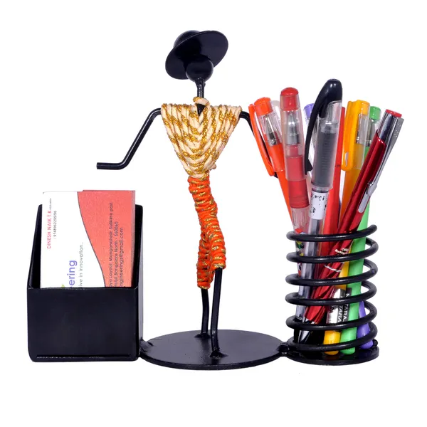 Pen_stand,pencil_stand,pen_-pencil_holder,visiting_card_stand,visiting_card_holder,business_card_holder_for_office_table,table_top_visiting_card_stand,desk_organizer_for_office_(white-orange)
