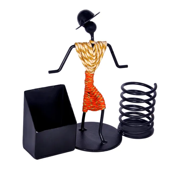 Pen_stand,pencil_stand,pen_-pencil_holder,visiting_card_stand,visiting_card_holder,business_card_holder_for_office_table,table_top_visiting_card_stand,desk_organizer_for_office_(white-orange)