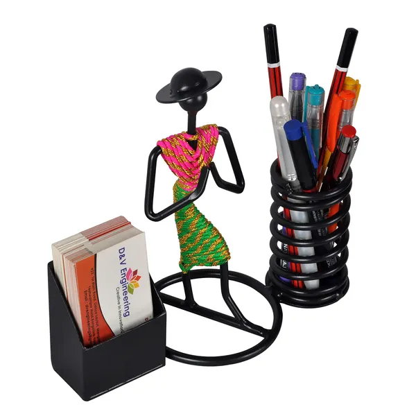 Namaste_Welcome_Gesture_Pen/Pencil_and_Visiting_Card_Holder_with_Indian_Pink/Green_Dressed_Lady_(DVPS-05PG)