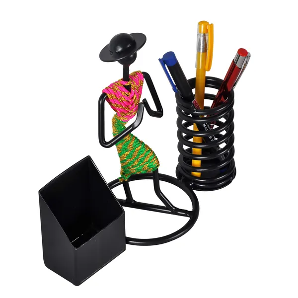 Namaste_Welcome_Gesture_Pen/Pencil_and_Visiting_Card_Holder_with_Indian_Pink/Green_Dressed_Lady_(DVPS-05PG)