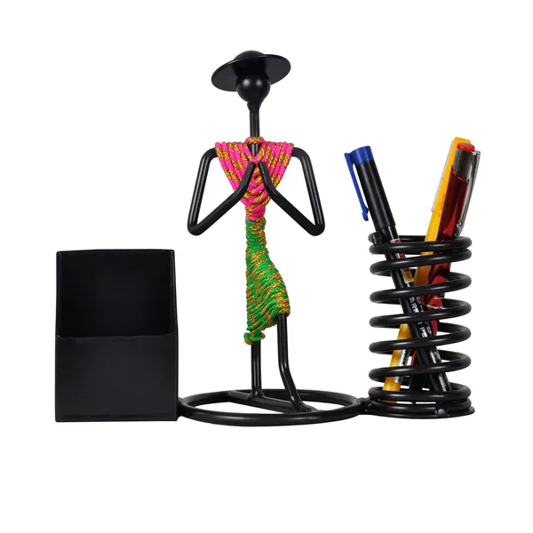Namaste_Welcome_Gesture_Pen/Pencil_and_Visiting_Card_Holder_with_Indian_Pink/Green_Dressed_Lady_(DVPS-05PG)