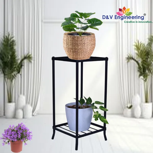 2-Tiered_Shelf_Floor_Mount_Indoor_Outdoor_Multi-Purpose_Flower_Plant_Pot_Display_Tray_Shelf_Stand_-_Black_(DVPOT-04B)