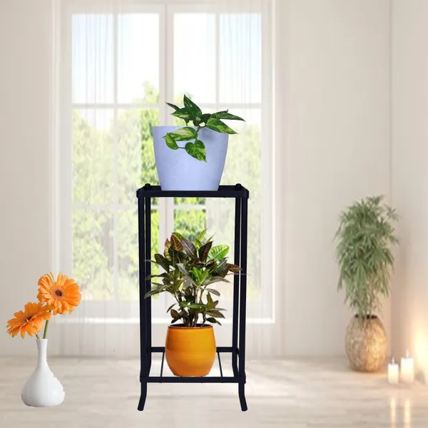 2-Tiered_Shelf_Floor_Mount_Indoor_Outdoor_Multi-Purpose_Flower_Plant_Pot_Display_Tray_Shelf_Stand_-_Black_(DVPOT-04B)