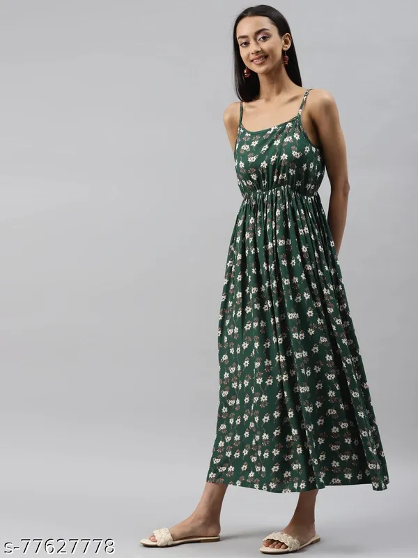 Dark_Green_Floral_Printed_Midi_Dress