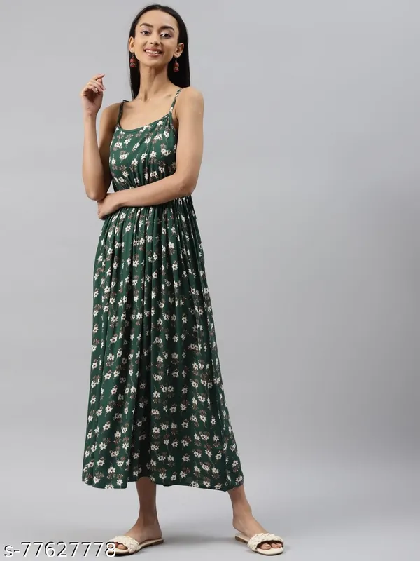 Dark_Green_Floral_Printed_Midi_Dress
