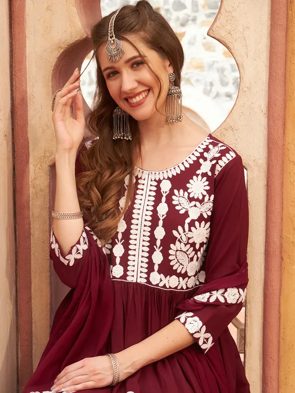 Maroon_&_White_Embroidered_Anarkali_Suit_Set_with_Dupatta