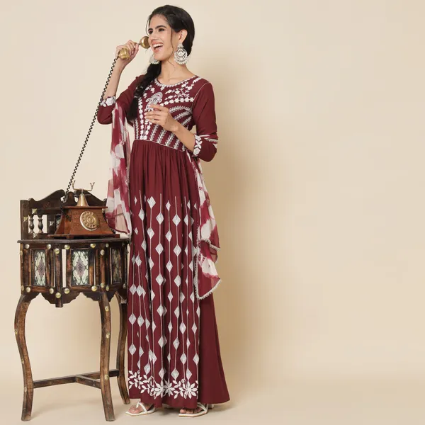 Brown_and_White_Embroidered_Anarkali_Dress_with_Dupatta