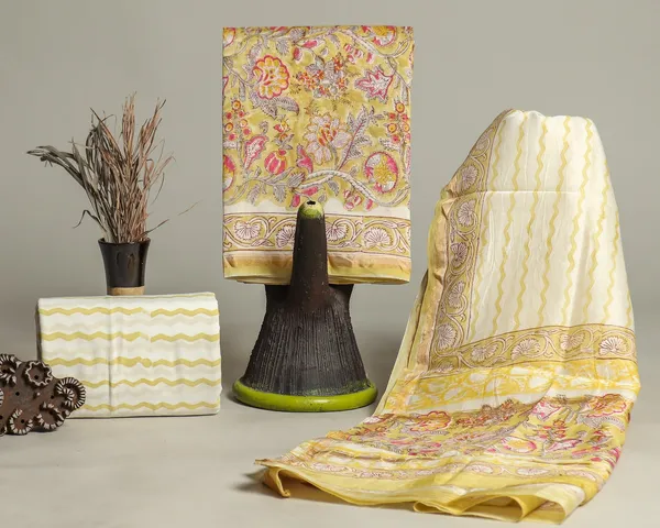 Chanderi_Silk_Yellow_and_White_Hand_Blck_Floral_Printed_Unstitched_Suit_Set