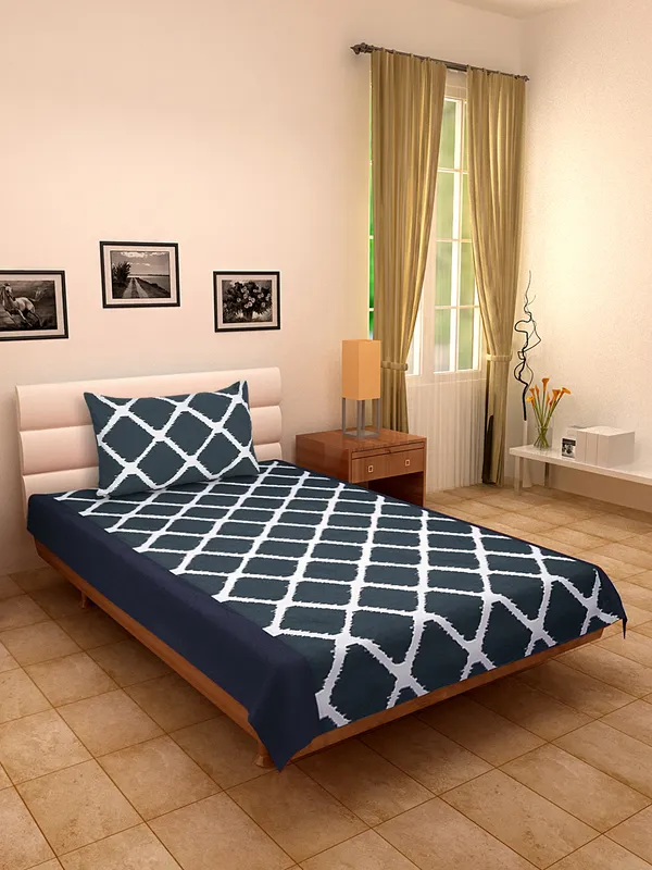 Pack_of_2_Pieces_Cotton_Dark_Blue_Ikat_Printed_Single_Bedsheet_With_Pillow_Cover_for_Bedroom,_Guest_Room,_Kids_Room