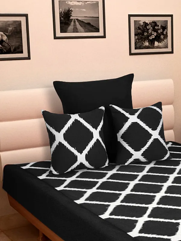 Pack_of_4_Pieces_Cotton_Black_Ikat_Printed_Single_Bedsheet_With_Sham_Cover_and_Cushion_Cover_for_Bedroom,_Guest_Room,_Kids_Room