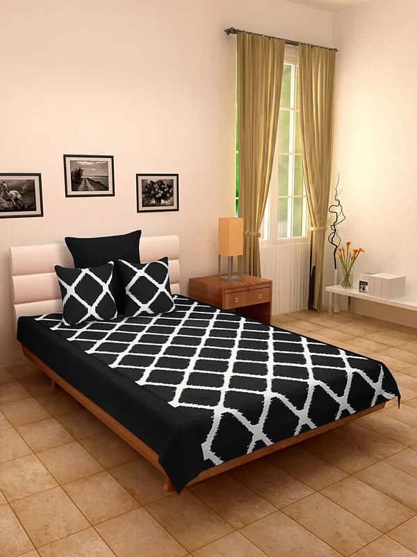 Pack_of_4_Pieces_Cotton_Black_Ikat_Printed_Single_Bedsheet_With_Sham_Cover_and_Cushion_Cover_for_Bedroom,_Guest_Room,_Kids_Room