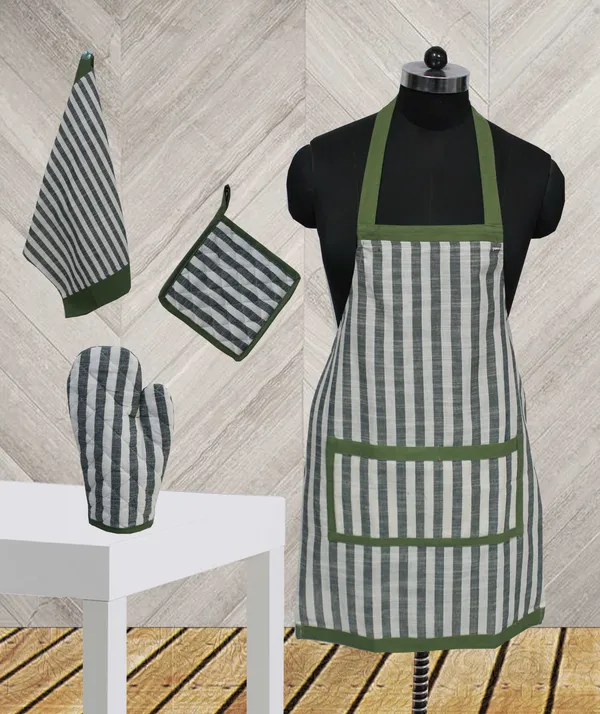 Pack_of_4_Pieces_Cotton_Green_Stripe_Printed_Apron_Set_for_Kitchen_for_Women_Men_Girl_and_Boy