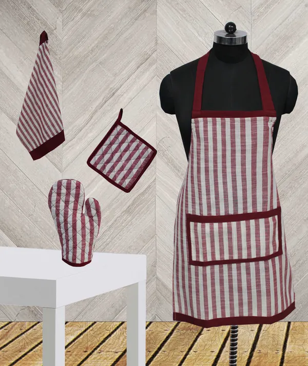Pack_of_4_Pieces_Cotton_Maroon_Stripe_Printed_Apron_Set_for_Kitchen_for_Women_Men_Girl_and_Boy
