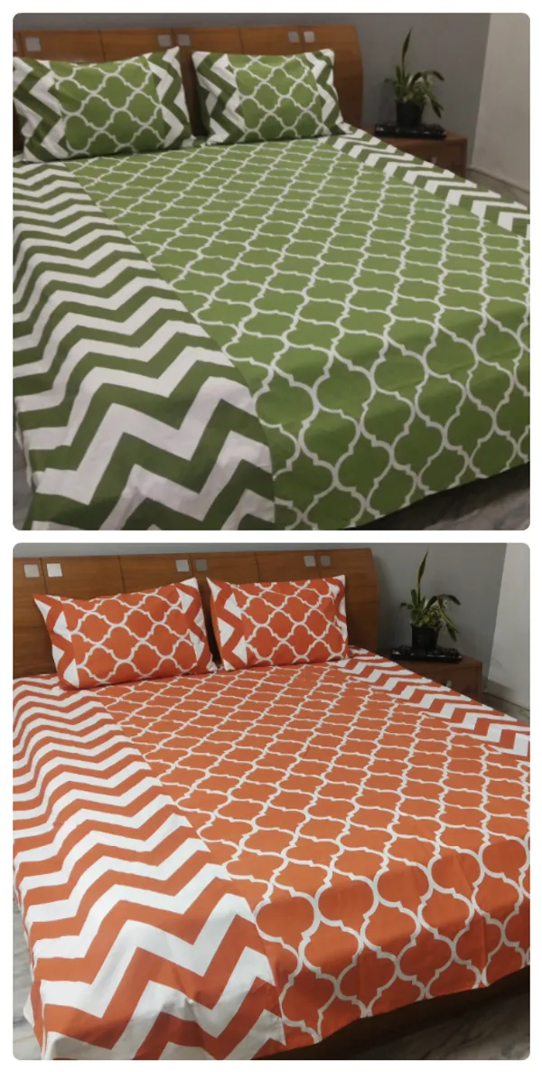Pack_of_3_Pieces_Cotton_Green_Ogee_Chevron_Cotton_Printed_Bedsheet_With_Pillow_Cover_for_Bedroom,_Guest_Room,_Kids_Room
