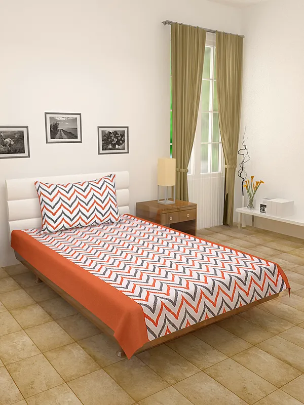 Pack_of_2_&_3_Pieces_Cotton_Orange_Double_Ikat_Printed_Single_Bedsheet_With_Pillow_Cover_for_Bedroom,_Guest_Room,_Kids_Room