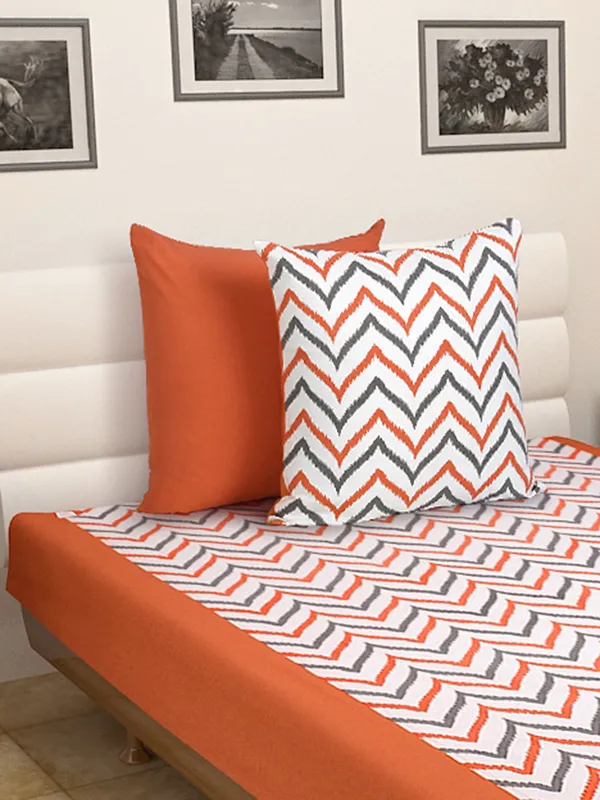 Pack_of_3_Pieces_Cotton_Orange_Double_Ikat_Printed_Single_Bedsheet_With_Sham_Cover_for_Bedroom,_Guest_Room,_Kids_Room
