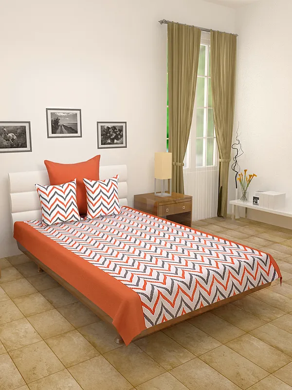 Pack_of_4_Pieces_Cotton_Orange_Double_Ikat_Printed_Single_Bedsheet_With_Sham_Cover_and_Cushion_Cover_for_Bedroom,_Guest_Room,_Kids_Room