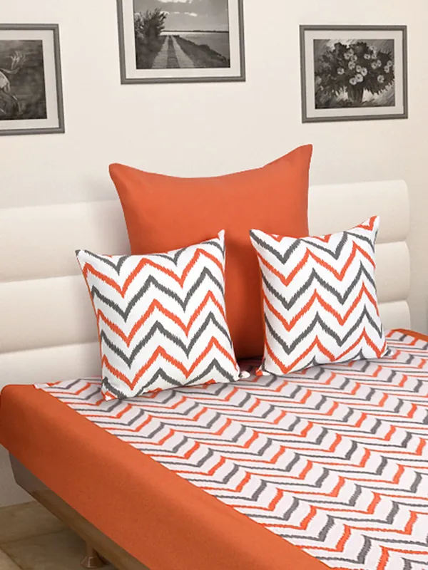 Pack_of_4_Pieces_Cotton_Orange_Double_Ikat_Printed_Single_Bedsheet_With_Sham_Cover_and_Cushion_Cover_for_Bedroom,_Guest_Room,_Kids_Room