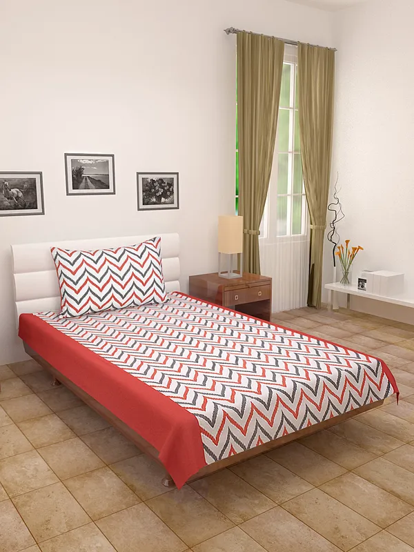 Pack_of_2_Pieces_Cotton_Coral_Double_Ikat_Printed_Single_Bedsheet_With_Pillow_Cover_for_Bedroom,_Guest_Room,_Kids_Room