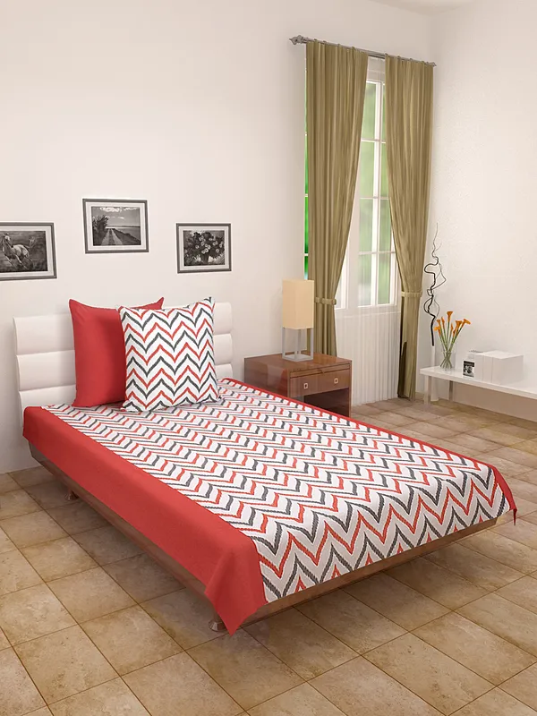 Pack_of_3_Pieces_Cotton_Coral_Double_Ikat_Printed_Single_Bedsheet_With_Sham_Cover_for_Bedroom,_Guest_Room,_Kids_Room
