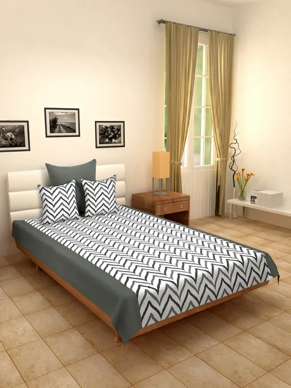 Pack_of_4_Pieces_Cotton_Grey_Double_Ikat_Printed_Single_Bedsheet_With_Sham_Cover_and_Cushion_Cover_for_Bedroom,_Guest_Room,_Kids_Room