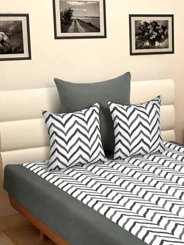 Pack_of_4_Pieces_Cotton_Grey_Double_Ikat_Printed_Single_Bedsheet_With_Sham_Cover_and_Cushion_Cover_for_Bedroom,_Guest_Room,_Kids_Room